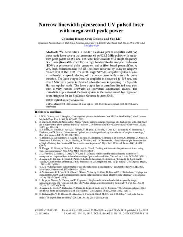 (PDF) Narrow linewidth picosecond UV pulsed laser with mega-watt peak power