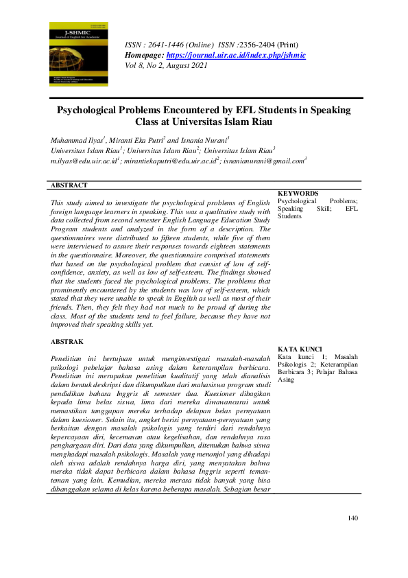 (PDF) Psychological Problems Encountered by EFL Students in Speaking ...