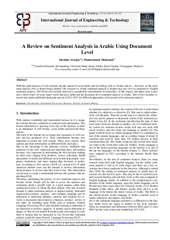 (PDF) A Review on Sentiment Analysis in Arabic Using Document Level