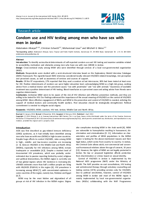 (PDF) Condom use and HIV testing among men who have sex with men in Jordan