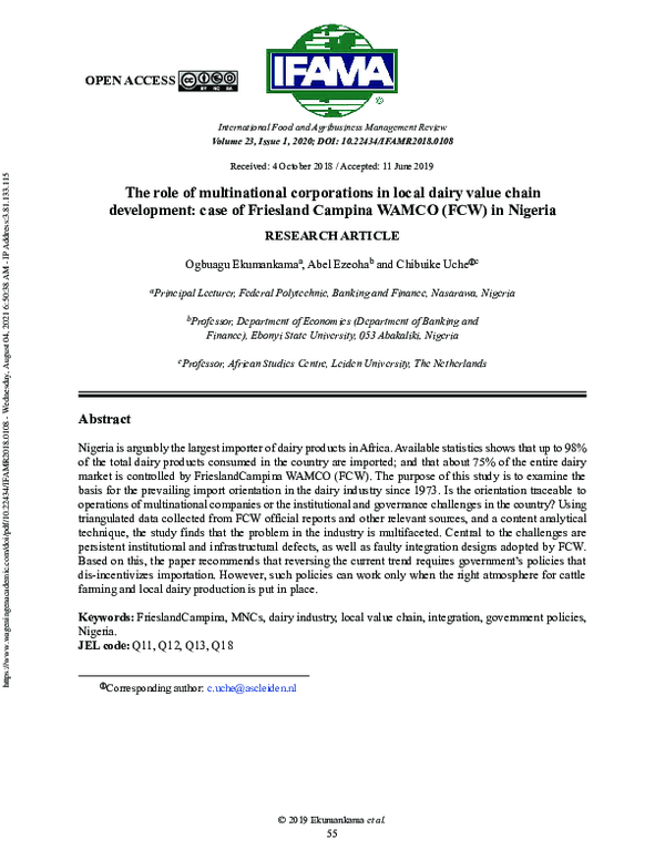 PDF The Role Of Multinational Corporations In Local Dairy Value Chain Development Case Of