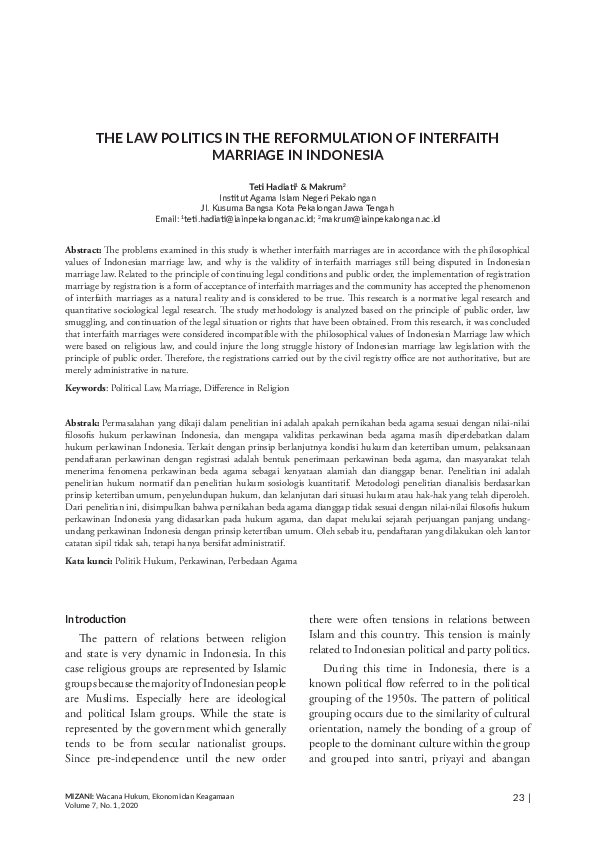 (PDF) The Law Politics in the Reformulation of Interfaith Marriage in ...