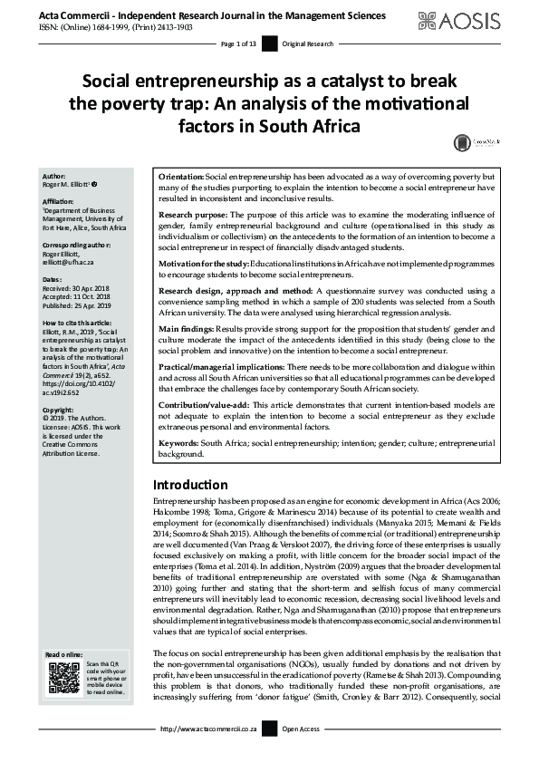 (PDF) Social entrepreneurship as a catalyst to break the poverty trap ...