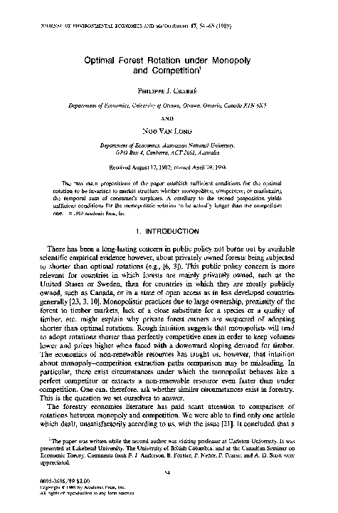 (PDF) Optimal forest rotation under monopoly and competition