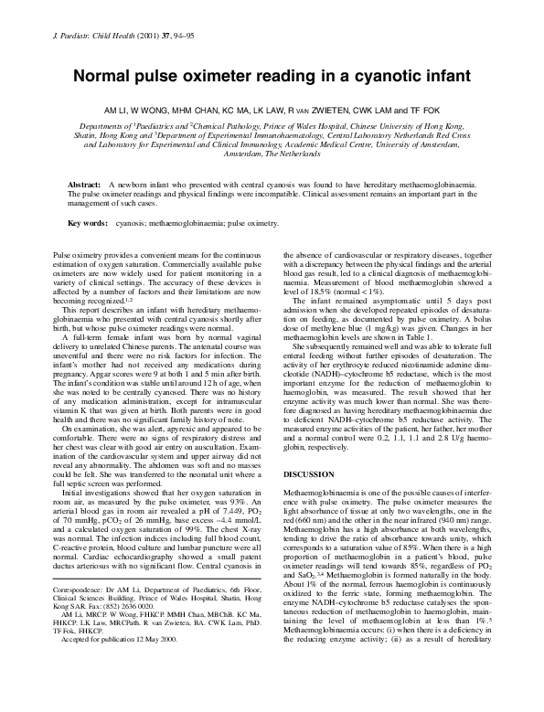 (PDF) Normal pulse oximeter reading in a cyanotic infant Rob Van