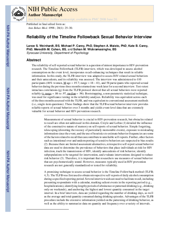 (PDF) Reliability of the Timeline Follow-Back sexual behavior interview