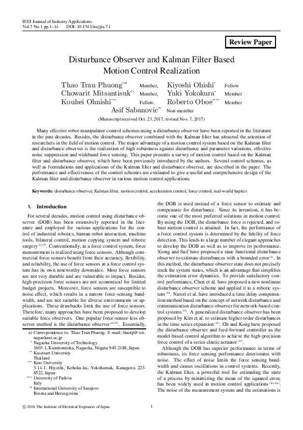 (PDF) Disturbance Observer and Kalman Filter Based Motion Control ...