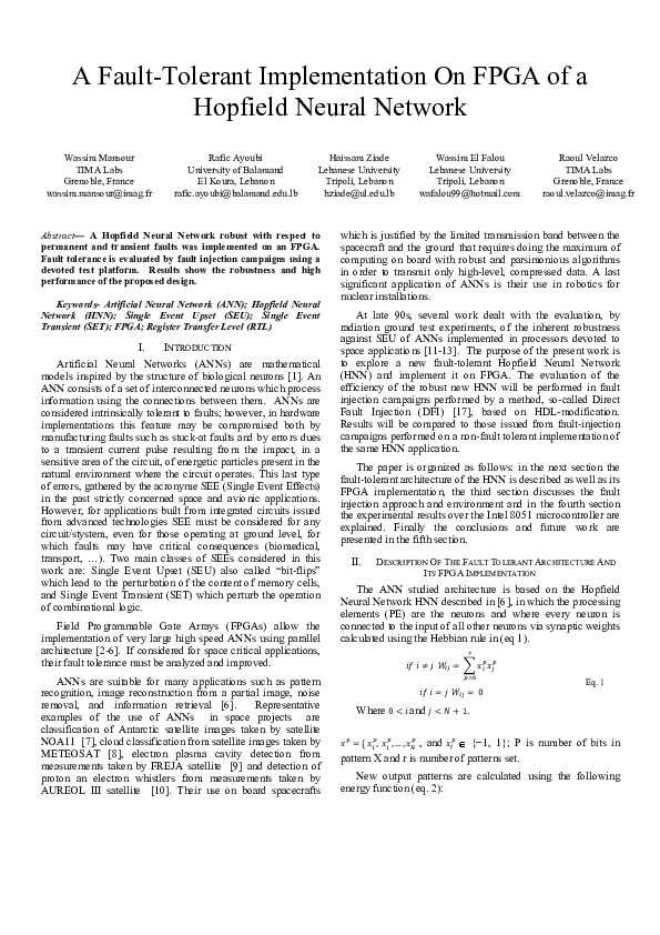 (PDF) A Fault-Tolerant Implementation On FPGA of a Hopfield Neural Network