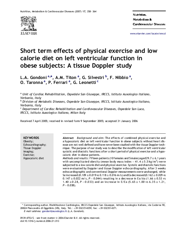 (PDF) Short term effects of physical exercise and low calorie diet on ...