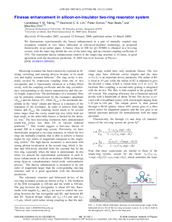 (PDF) Finesse enhancement in silicononinsulator tworing resonator