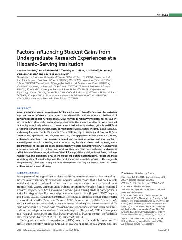 (PDF) Factors Influencing Student Gains from Undergraduate Research