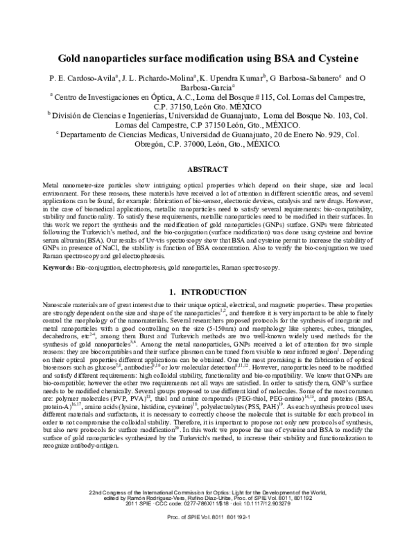 (PDF) Gold nanoparticles surface modification using BSA and cysteine