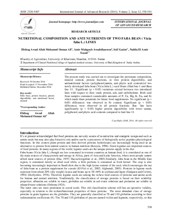 (PDF) NUTRITIONAL COMPOSITION AND ANTI NUTRIENTS OF TWO FABA BEAN ...