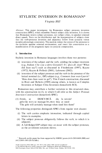 (PDF) Stylistic Inversion in Romanian* | Virginia Hill - Academia.edu