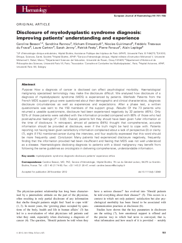 (PDF) Disclosure of myelodysplastic syndrome diagnosis: improving ...