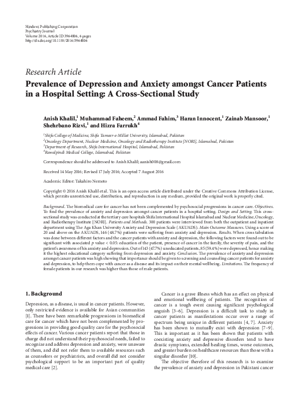 (PDF) Prevalence of Depression and Anxiety amongst Cancer Patients in a ...