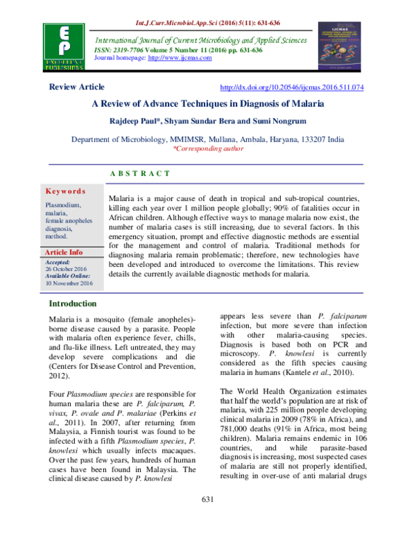 (PDF) A Review of Advance Techniques in Diagnosis of Malaria