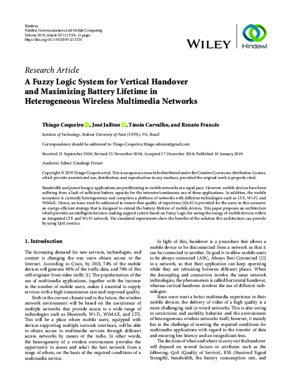 (PDF) A Fuzzy Logic System for Vertical Handover and Maximizing Battery ...