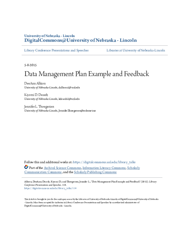 (PDF) Data Management Plan Example and Feedback