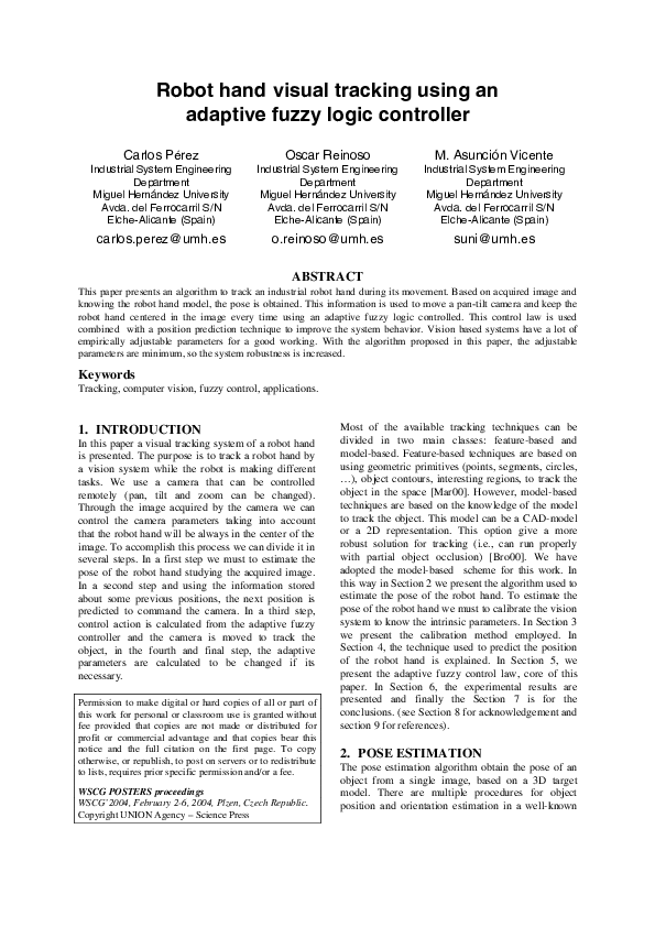 (PDF) Robot hand visual tracking using an adaptive fuzzy logic controller