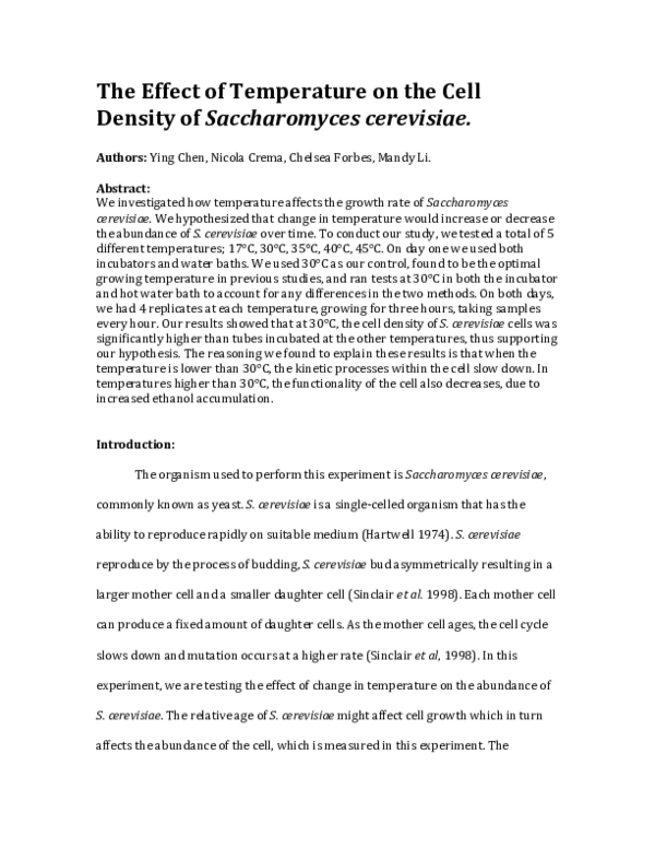 (PDF) The Effect of Temperature on the Cell Density of Saccharomyces ...