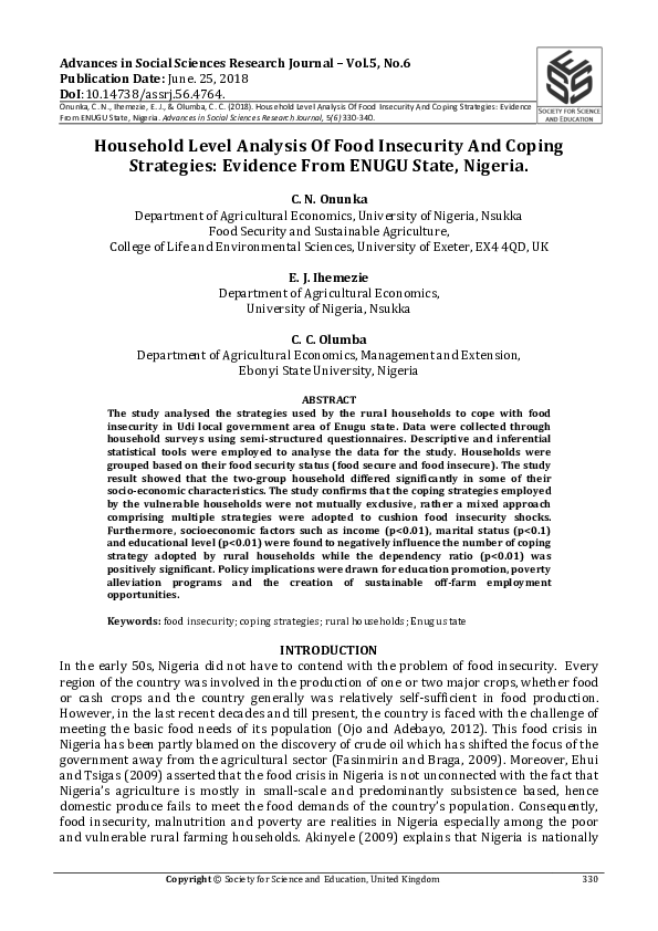 (PDF) Household Level Analysis of Food Insecurity and Coping Strategies ...