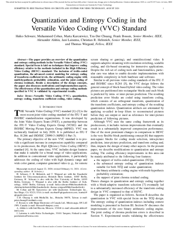 (PDF) Quantization and Entropy Coding in the Versatile Video Coding ...