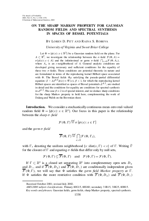 (PDF) On the sharp Markov property for Gaussian random fields and ...