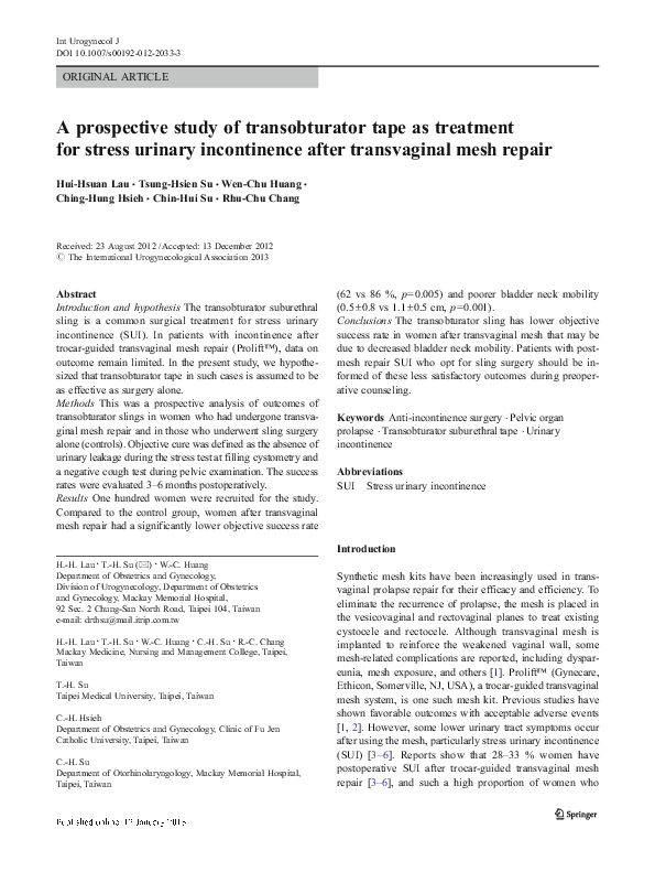 (PDF) A prospective study of transobturator tape as treatment for ...