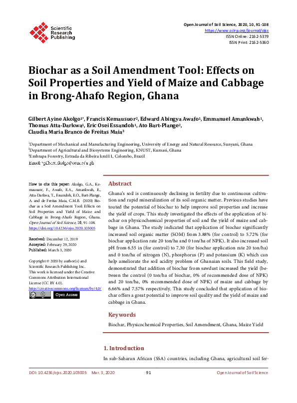 (PDF) Biochar as a Soil Amendment Tool: Effects on Soil Properties and ...