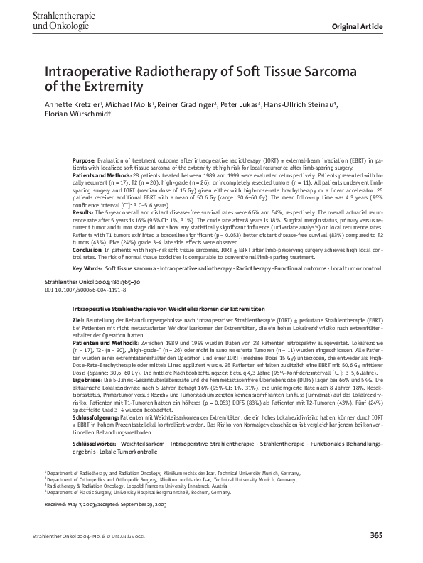 (PDF) Intraoperative Radiotherapy of Soft Tissue Sarcoma of the Extremity