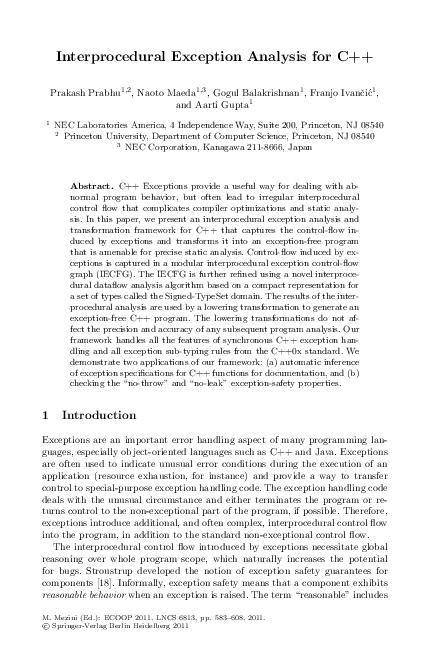 (PDF) Interprocedural Exception Analysis for C++