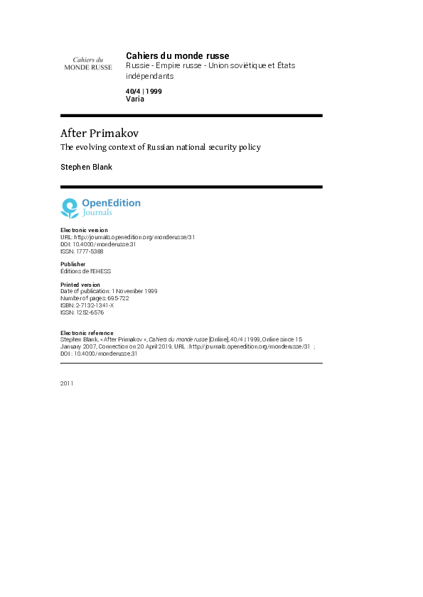 After Primakov. The evolving context of Russian national security policy