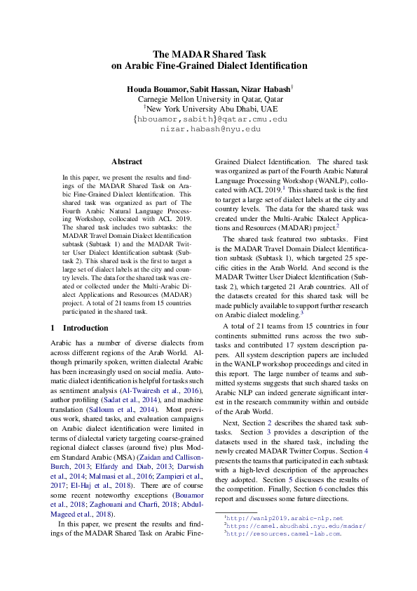 (PDF) The MADAR Shared Task on Arabic FineGrained Dialect