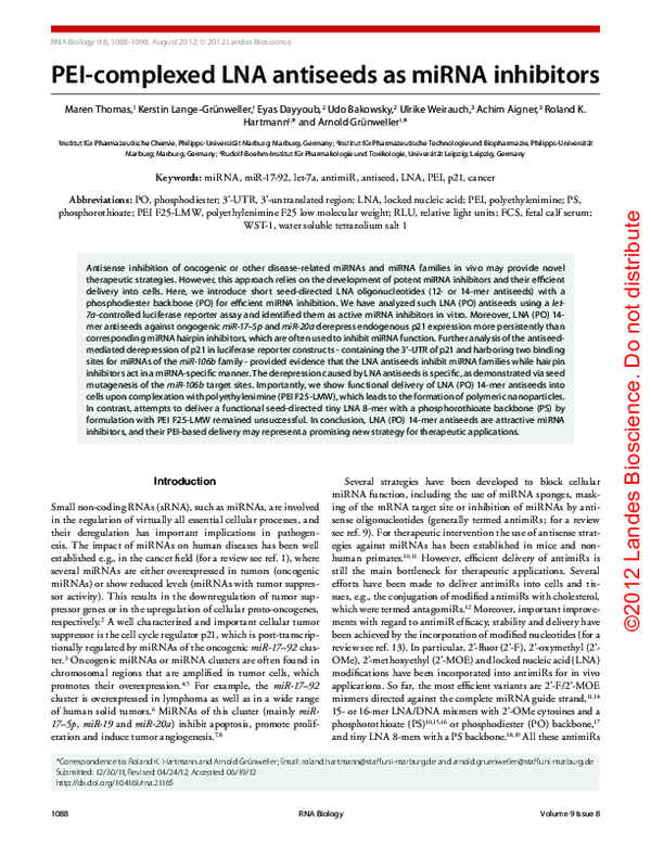 (PDF) PEI-complexed LNA antiseeds as miRNA inhibitors