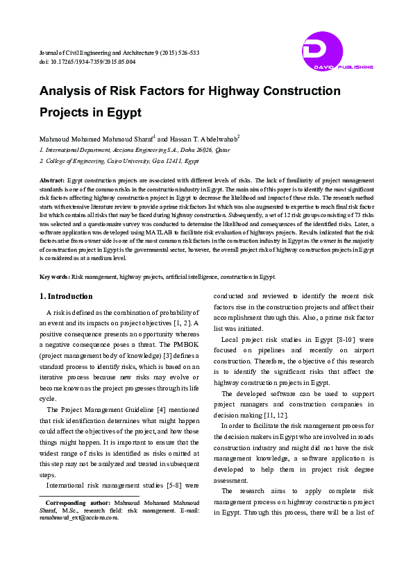 (PDF) Analysis of Risk Factors for Highway Construction Projects in Egypt