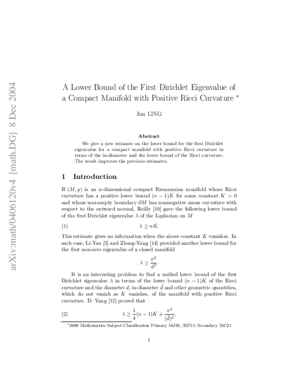 (PDF) A Lower Bound of the First Dirichlet Eigenvalue of a Compact ...