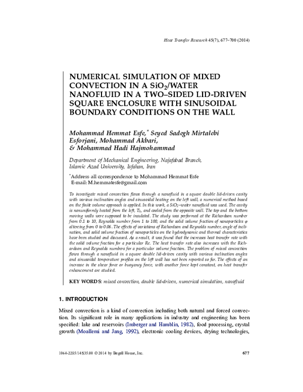(PDF) NUMERICAL SIMULATION OF MIXED CONVECTION IN A SiO2/WATER ...