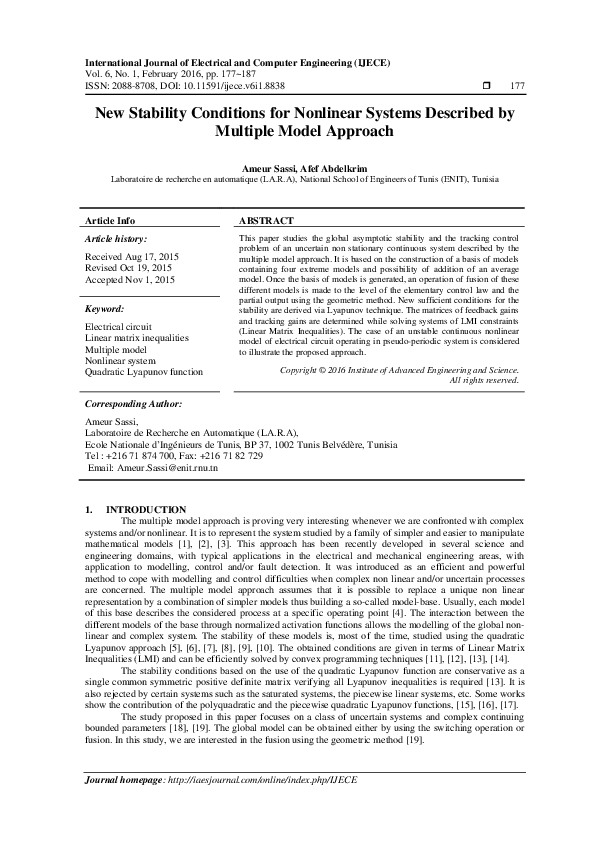 (PDF) New Stability Conditions for Nonlinear Systems Described by ...