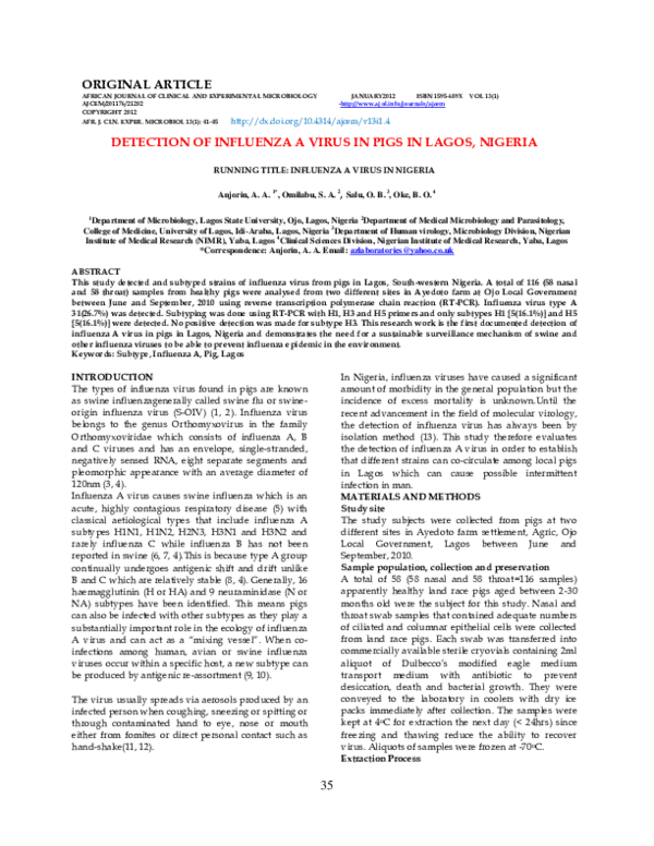(PDF) Detection of Influenza A Virus in Pigs in Lagos, Nigeria