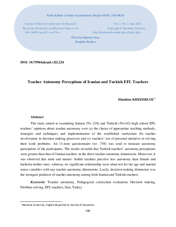 (PDF) Teacher Autonomy Perceptions of Iranian and Turkish EFL Teachers