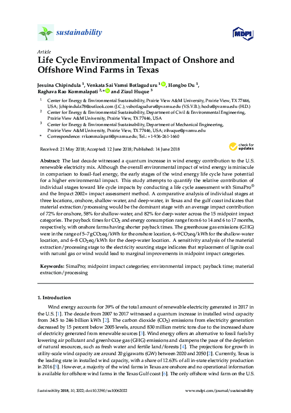(PDF) Life Cycle Environmental Impact of Onshore and Offshore Wind ...