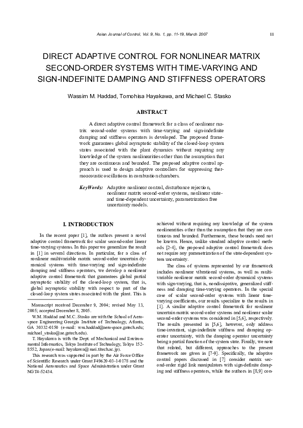 (PDF) Direct Adaptive Control for Nonlinear Matrix Second-Order Systems ...