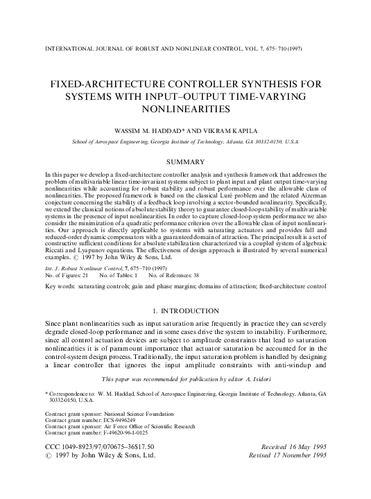 (PDF) Fixed-architecture controller synthesis for systems with input ...