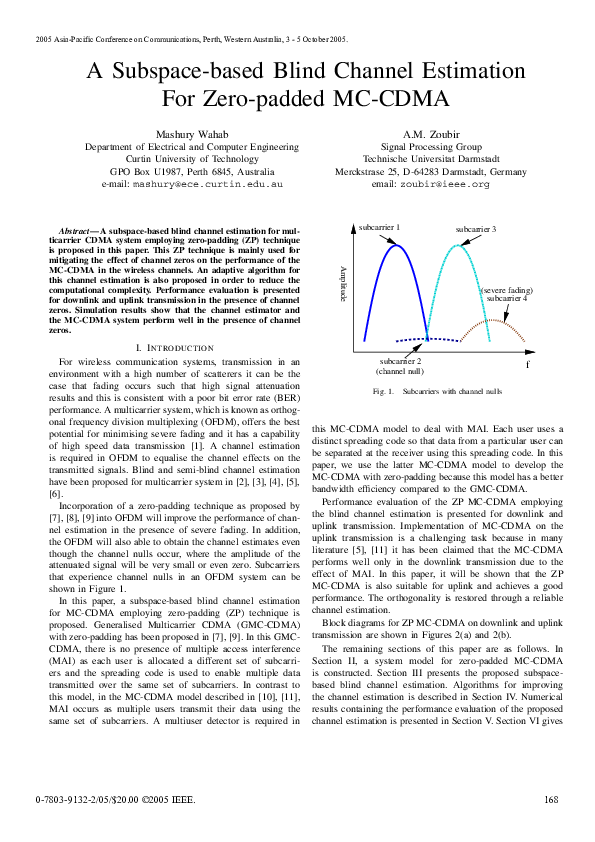 (PDF) A Subspace-based Blind Channel Estimation For Zero-padded MC-CDMA