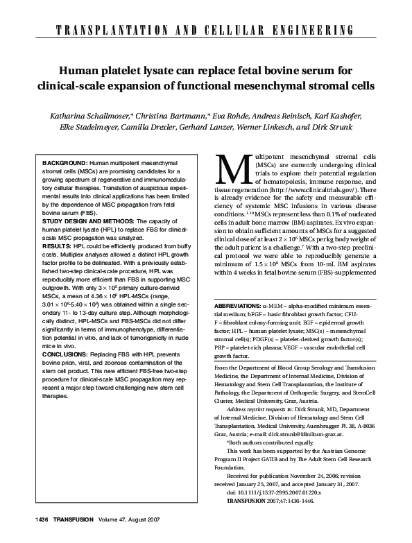 (PDF) Human platelet lysate can replace fetal bovine serum for clinical ...