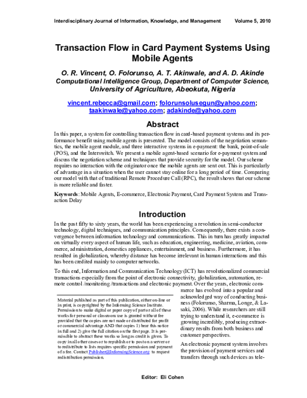 (PDF) Transaction Flow in Card Payment Systems Using Mobile Agents