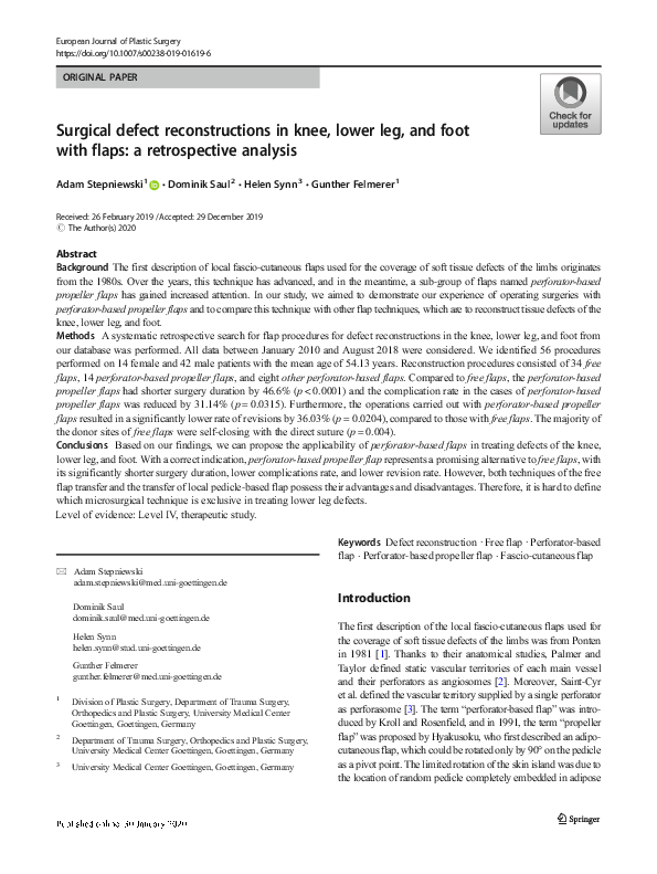Surgical defect reconstructions in knee, lower leg, and foot with flaps: a retrospective analysis