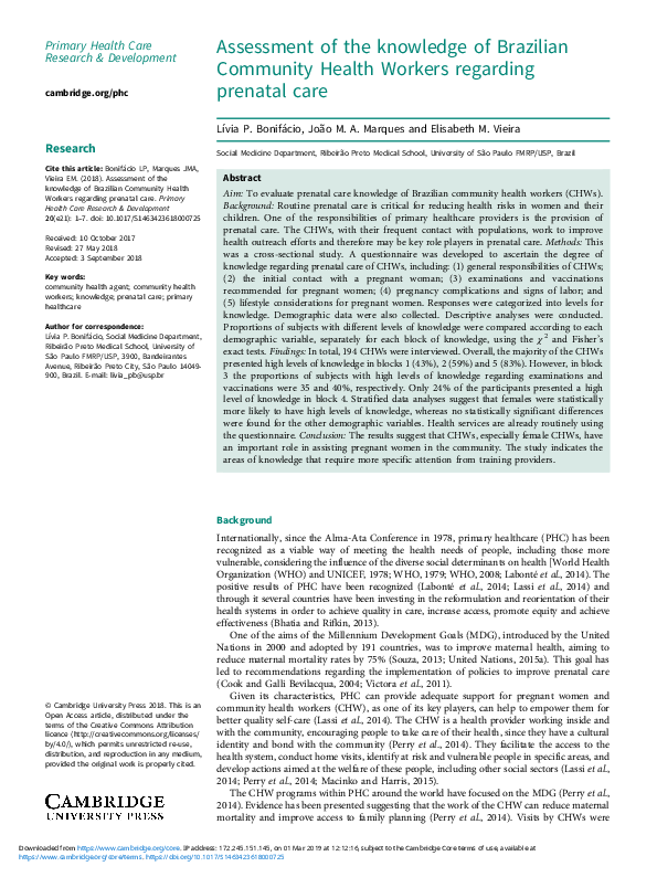 (PDF) Assessment of the knowledge of Brazilian Community Health Workers ...