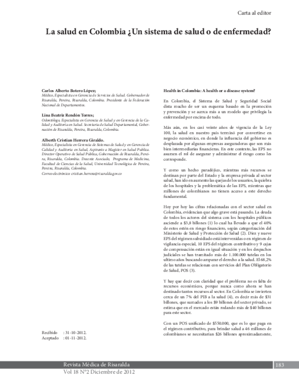 (PDF) La salud en Colombia ¿Un sistema de salud o de enfermedad?